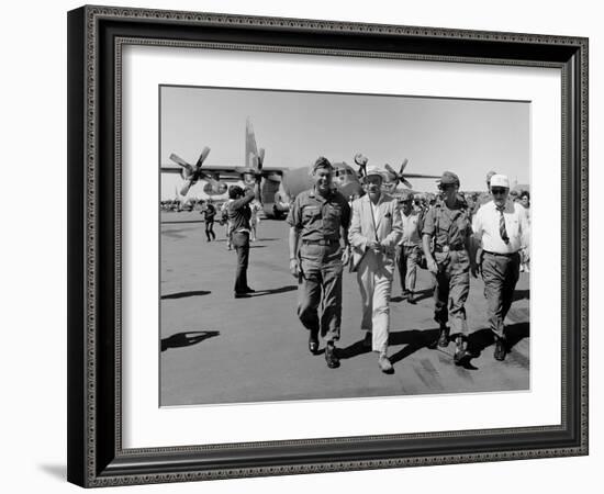 Bob Hope, Walks with Generals at Pleiku Air Base, South Vietnam, Dec. 19, 1966-null-Framed Photo