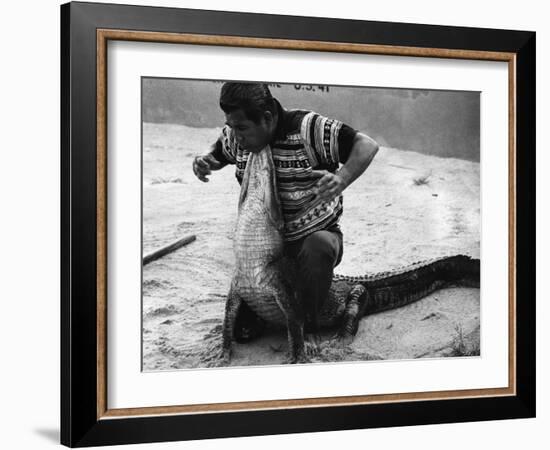 Bobby Tiger Wrestles an Alligator at Tiger's Indian Village, 1973-null-Framed Photographic Print