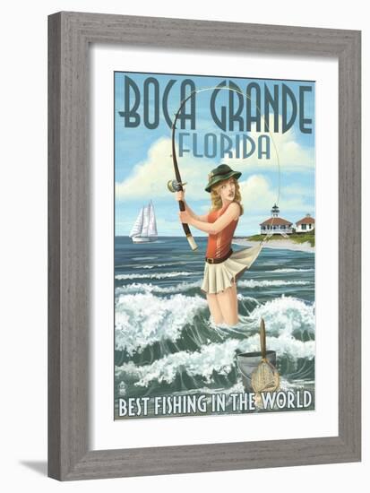 Boca Grande, Florida - Pinup Girl Fishing-Lantern Press-Framed Art Print