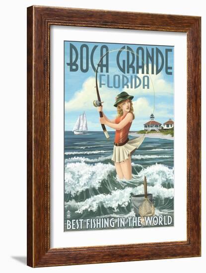 Boca Grande, Florida - Pinup Girl Fishing-Lantern Press-Framed Art Print