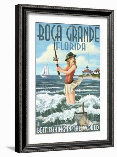 Boca Grande, Florida - Pinup Girl Fishing-Lantern Press-Framed Art Print