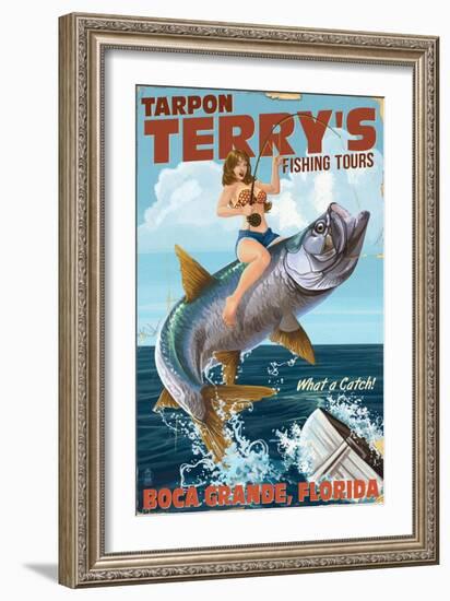 Boca Grande, Florida - Pinup Girl Tarpon Fishing-Lantern Press-Framed Art Print