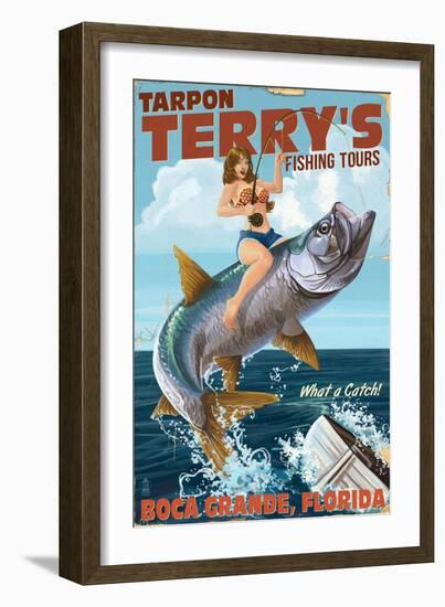 Boca Grande, Florida - Pinup Girl Tarpon Fishing-Lantern Press-Framed Art Print