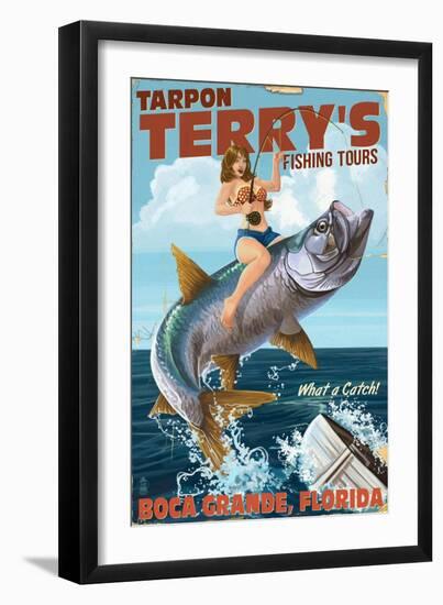 Boca Grande, Florida - Pinup Girl Tarpon Fishing-Lantern Press-Framed Art Print