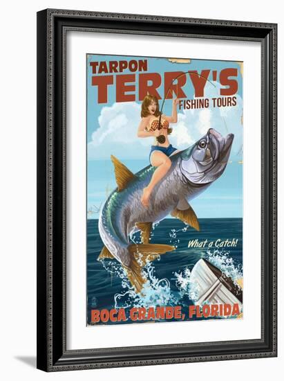 Boca Grande, Florida - Pinup Girl Tarpon Fishing-Lantern Press-Framed Art Print