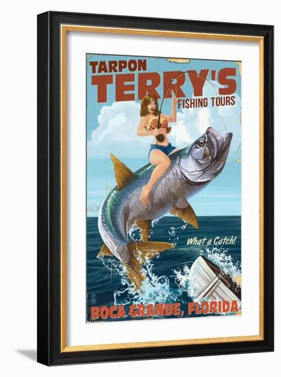 Boca Grande, Florida - Pinup Girl Tarpon Fishing-Lantern Press-Framed Art Print