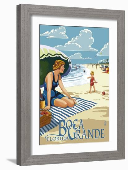 Boca Grande, Florida - Woman and Beach Scene-Lantern Press-Framed Art Print