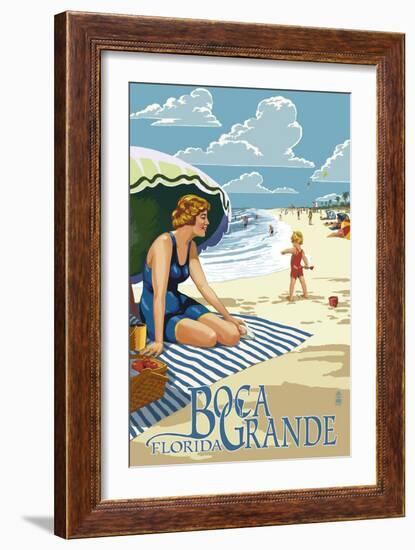 Boca Grande, Florida - Woman and Beach Scene-Lantern Press-Framed Art Print