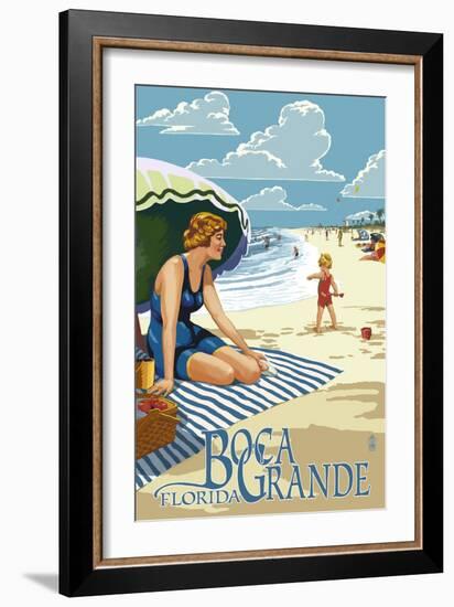 Boca Grande, Florida - Woman and Beach Scene-Lantern Press-Framed Art Print