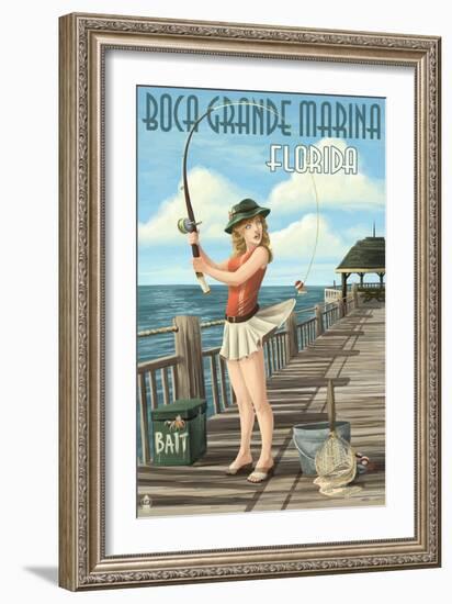 Boca Grande Marina, Florida - Pinup Girl Fishing-Lantern Press-Framed Art Print