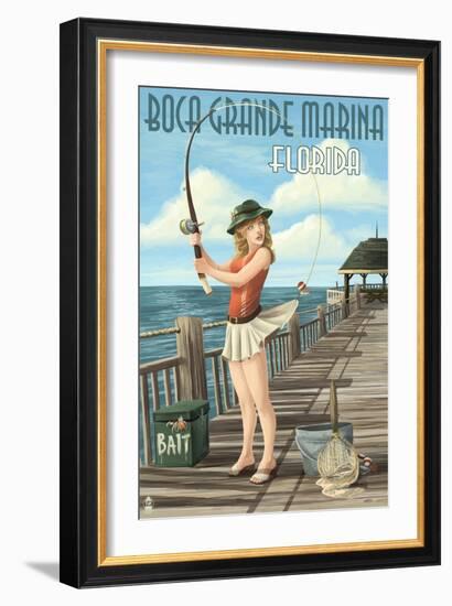 Boca Grande Marina, Florida - Pinup Girl Fishing-Lantern Press-Framed Art Print