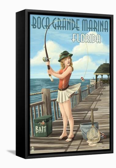 Boca Grande Marina, Florida - Pinup Girl Fishing-Lantern Press-Framed Stretched Canvas