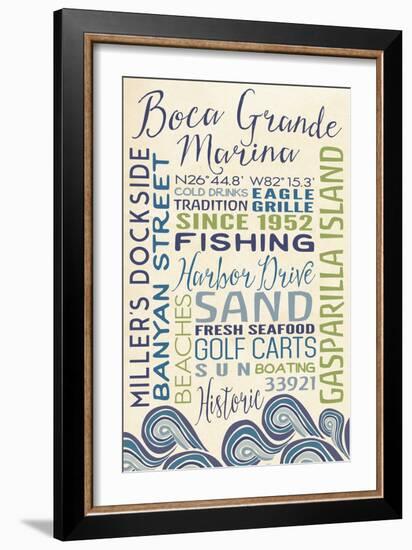 Boca Grande Marina, Florida - Typography with Waves-Lantern Press-Framed Art Print