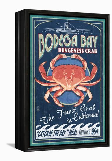 Bodega Bay, California - Dungeness Crab Vintage Sign-Lantern Press-Framed Stretched Canvas