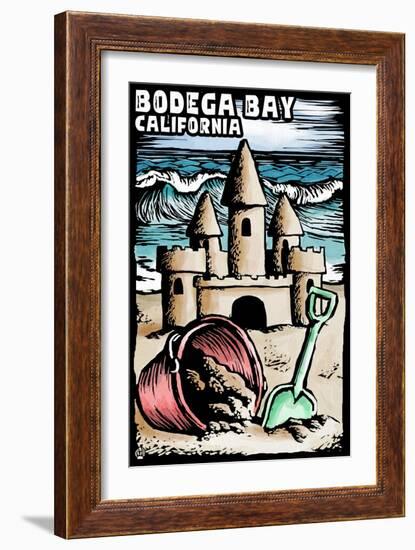Bodega Bay, California - Sandcastle - Scratchboard-Lantern Press-Framed Art Print