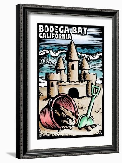 Bodega Bay, California - Sandcastle - Scratchboard-Lantern Press-Framed Art Print