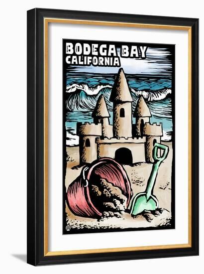 Bodega Bay, California - Sandcastle - Scratchboard-Lantern Press-Framed Art Print