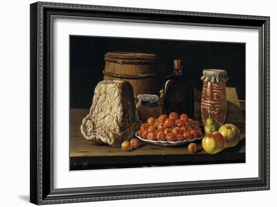 Bodegón con plato de acerolas, frutas, queso, melero y otros recipientes, 1771.-Luis Egidio Meléndez-Framed Giclee Print