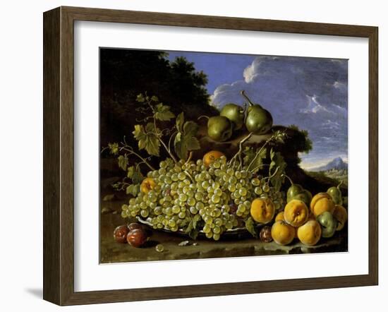 Bodegón con plato de uvas, melocotones, peras y ciruelas en un paisaje, Late 18th century.-Luis Egidio Meléndez-Framed Giclee Print