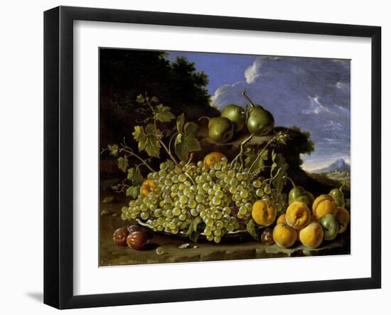 Bodegón con plato de uvas, melocotones, peras y ciruelas en un paisaje, Late 18th century.-Luis Egidio Meléndez-Framed Giclee Print