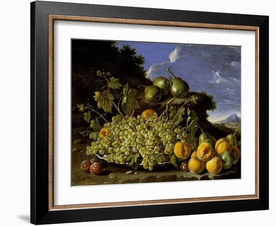 Bodegón con plato de uvas, melocotones, peras y ciruelas en un paisaje, Late 18th century.-Luis Egidio Meléndez-Framed Giclee Print