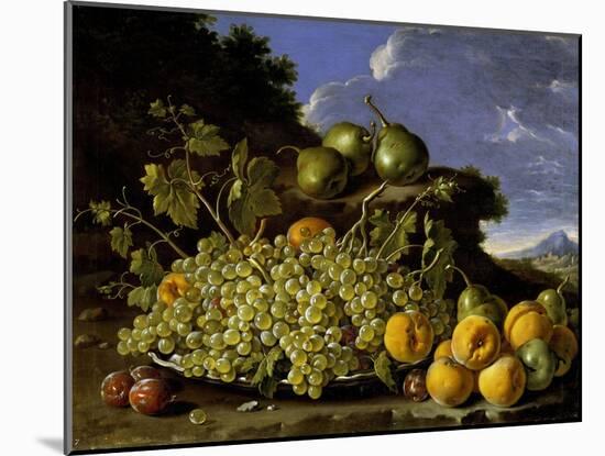 Bodegón con plato de uvas, melocotones, peras y ciruelas en un paisaje, Late 18th century.-Luis Egidio Meléndez-Mounted Giclee Print