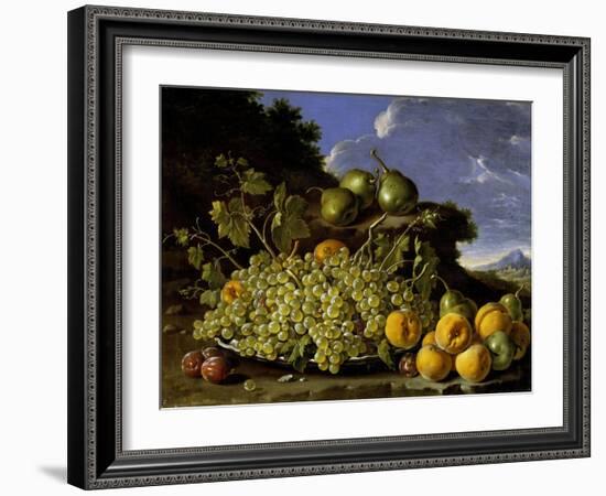 Bodegón con plato de uvas, melocotones, peras y ciruelas en un paisaje, Late 18th century.-Luis Egidio Meléndez-Framed Giclee Print