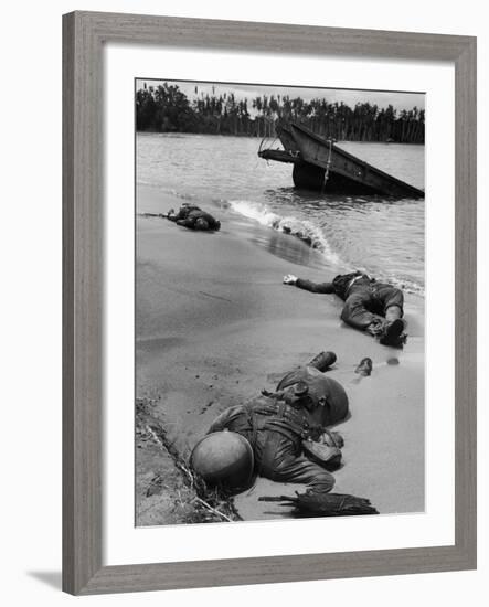 Bodies of Dead American Soldiers Near Half Sunken Landing Craft on Buna Beach-George Strock-Framed Premium Photographic Print