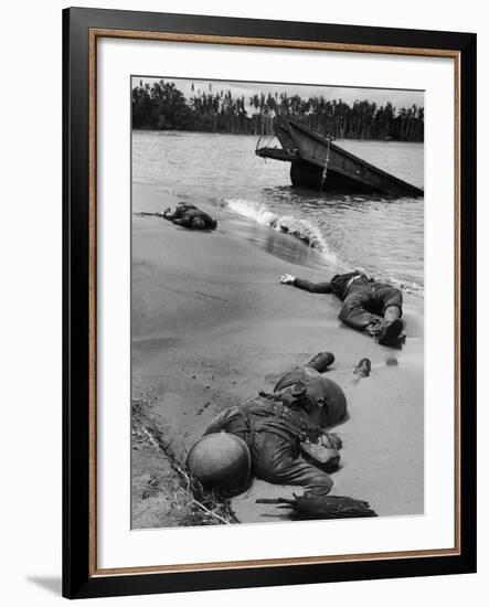 Bodies of Dead American Soldiers Near Half Sunken Landing Craft on Buna Beach-George Strock-Framed Premium Photographic Print