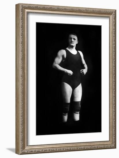 Bodybuilder in Wrestling Outfit and Knee Pads-null-Framed Art Print