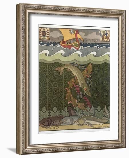 Bogatyr Volga Transforms himself into a Pike, illustration for the Russian Fairy Story, 'The Volga'-Ivan Bilibine-Framed Giclee Print