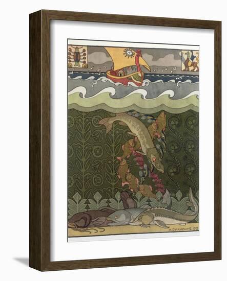 Bogatyr Volga Transforms himself into a Pike, illustration for the Russian Fairy Story, 'The Volga'-Ivan Bilibine-Framed Giclee Print