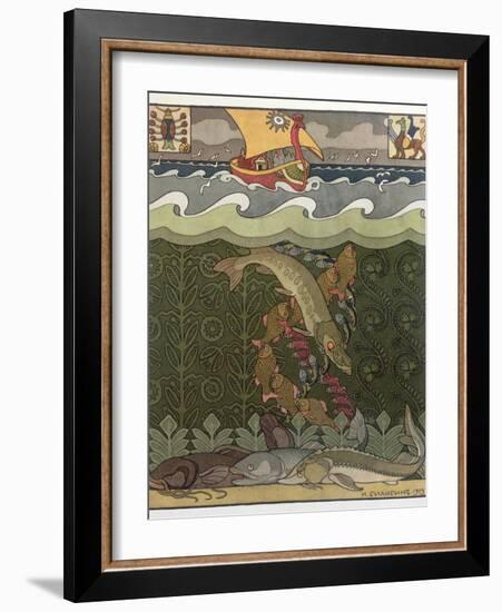 Bogatyr Volga Transforms himself into a Pike, illustration for the Russian Fairy Story, 'The Volga'-Ivan Bilibine-Framed Giclee Print