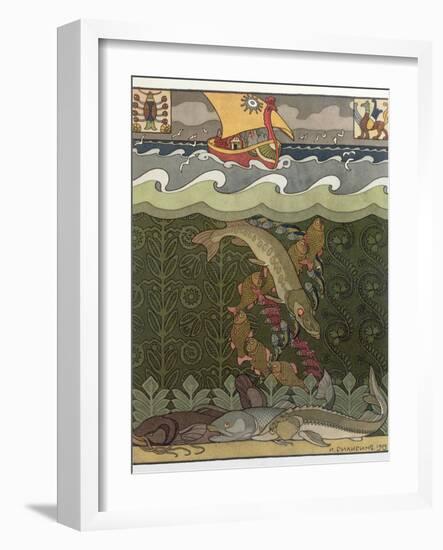 Bogatyr Volga Transforms himself into a Pike, illustration for the Russian Fairy Story, 'The Volga'-Ivan Bilibine-Framed Giclee Print