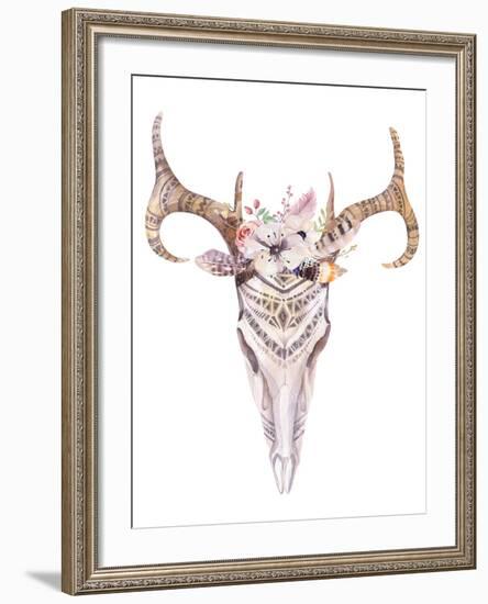 Bohemian Deer Skull - Western Mammal Watercolor-Kris_art-Framed Art Print