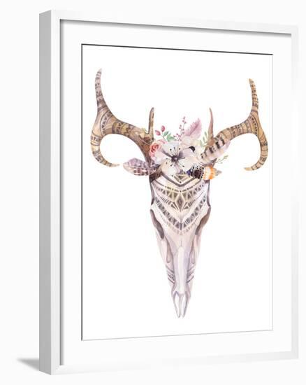 Bohemian Deer Skull - Western Mammal Watercolor-Kris_art-Framed Art Print