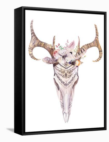 Bohemian Deer Skull - Western Mammal Watercolor-Kris_art-Framed Stretched Canvas