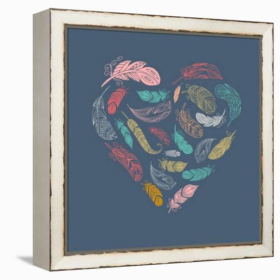 Bohemian Style Poster with Gypsy Colorful Feathers, Arranged in Heart-Marish-Framed Stretched Canvas