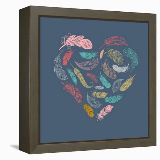 Bohemian Style Poster with Gypsy Colorful Feathers, Arranged in Heart-Marish-Framed Stretched Canvas
