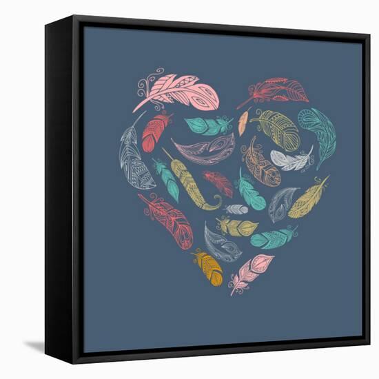 Bohemian Style Poster with Gypsy Colorful Feathers, Arranged in Heart-Marish-Framed Stretched Canvas