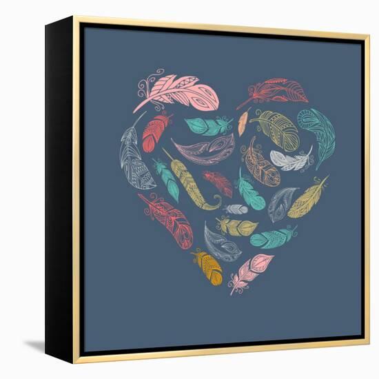 Bohemian Style Poster with Gypsy Colorful Feathers, Arranged in Heart-Marish-Framed Stretched Canvas