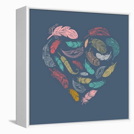 Bohemian Style Poster with Gypsy Colorful Feathers, Arranged in Heart-Marish-Framed Stretched Canvas