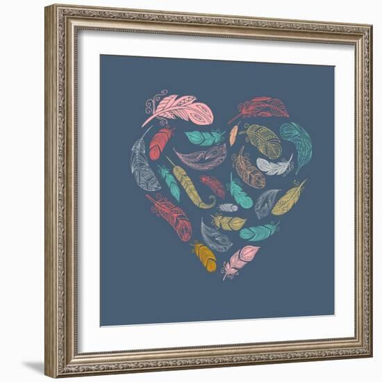 Bohemian Style Poster with Gypsy Colorful Feathers, Arranged in Heart-Marish-Framed Art Print