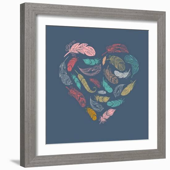 Bohemian Style Poster with Gypsy Colorful Feathers, Arranged in Heart-Marish-Framed Art Print