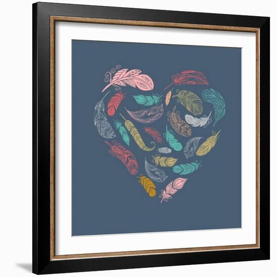 Bohemian Style Poster with Gypsy Colorful Feathers, Arranged in Heart-Marish-Framed Art Print