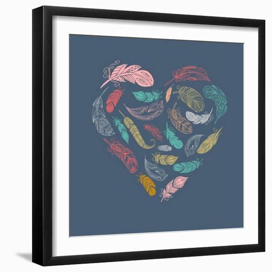 Bohemian Style Poster with Gypsy Colorful Feathers, Arranged in Heart-Marish-Framed Art Print