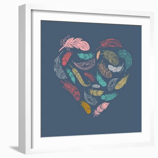 Bohemian Style Poster with Gypsy Colorful Feathers, Arranged in Heart-Marish-Framed Art Print