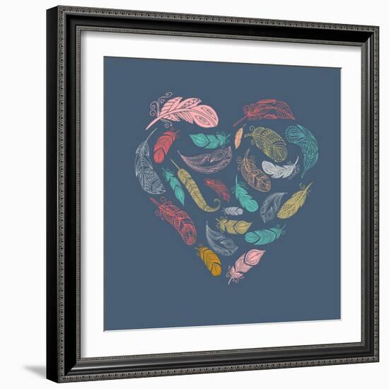 Bohemian Style Poster with Gypsy Colorful Feathers, Arranged in Heart-Marish-Framed Art Print