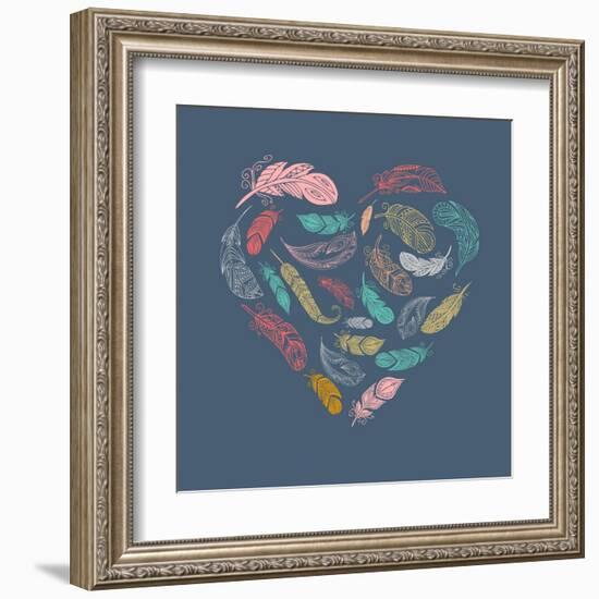 Bohemian Style Poster with Gypsy Colorful Feathers, Arranged in Heart-Marish-Framed Art Print