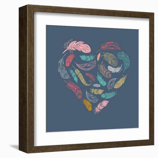 Bohemian Style Poster with Gypsy Colorful Feathers, Arranged in Heart-Marish-Framed Art Print